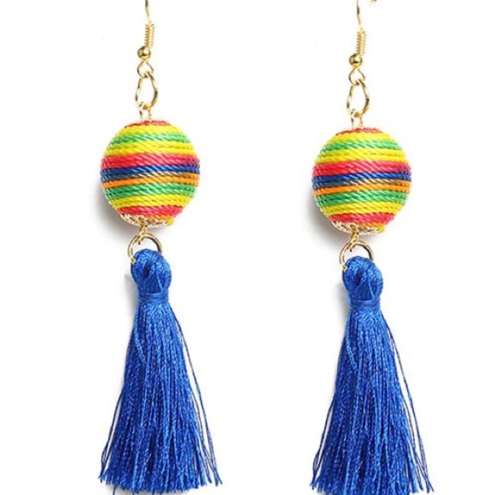 Gold colorful blue tassel earrings